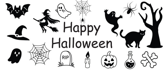 Halloween silhouette and line icon vector set. A set of black and white Happy Halloween 31 October. Halloween icon on carved pumpkin faces, spider webs, bats, and pumpkin shapes. Vector illustration.