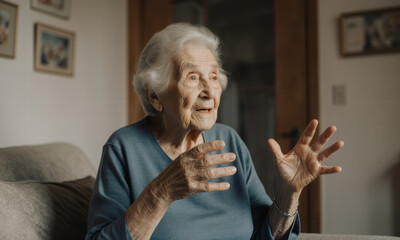 Elderly Woman Speaking with Expressive Gestures