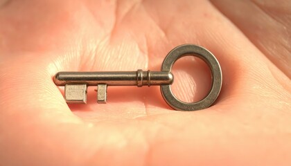 Old metal key resting in an open palm for minimalistic aesthetics