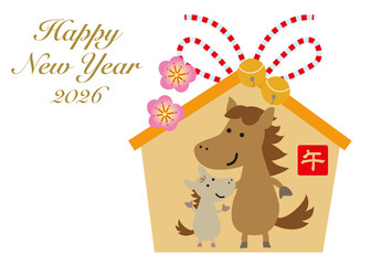 かわいい馬の親子が描かれた絵馬の年賀状
