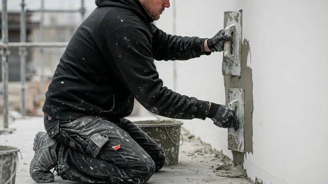 Construction worker applying plaster to a wall with a trowel