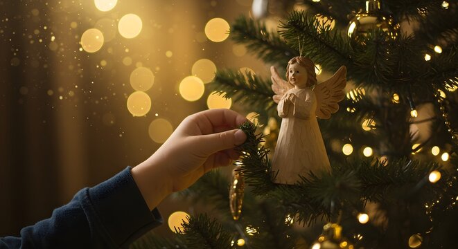 Person decorating christmas tree with angel ornament and festive bokeh