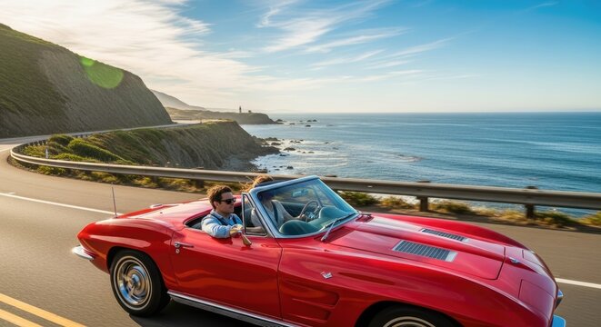 A man driving a red convertible along a coastal road.