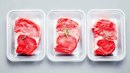 Assorted selection of red meat cuts in plastic trays ready for purchase.