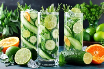 Bright greens and citrus notes create an inviting beverage display.