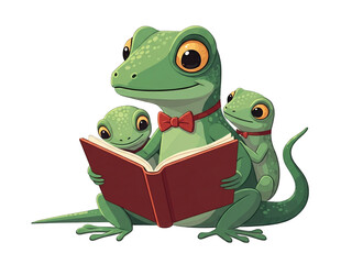 parent gecko reading a book to two young geckos, fostering a love for learning.