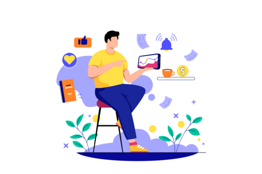 Man In Yellow Shirt Sitting On Stool And Holding Tablet Displaying Account Fluctuations With Transparent Background