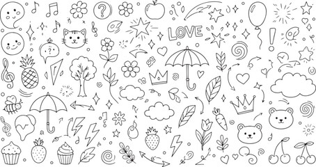 A playful collection of hand drawn doodles and whimsical cartoon elements