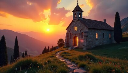 Serene Sunrise Illuminates Rustic Benedictine Monastery A Peaceful Spiritual Retreat