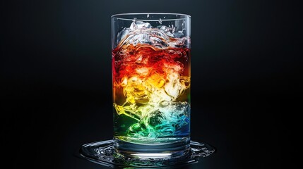 A glass of colorful liquid with ice cubes in it.