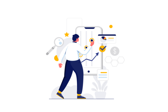 Man Analyzing Financial Data on Transparent Background with Charts and Magnifying Glass Vector Illustration