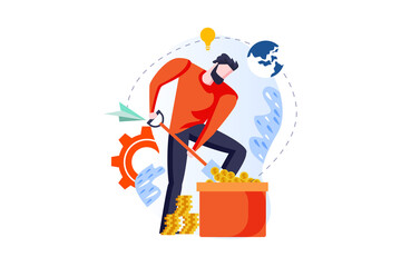 Man Digging for Gold Coins in Bag with Shovel in Pixelated Style on Transparent Background