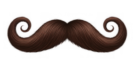 Brown mustache with curled ends isolated on transparent background for design