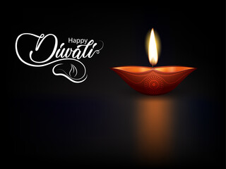 Happy Diwali Greeting Background with Elegant Glowing Diya Lamp, Warm Flame Light on Dark Festive Backdrop, Indian Festival of Lights Celebration Design for Stock Use