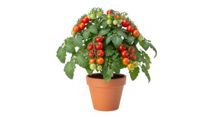Cherry tomato plant in a pot isolated on transparent background for design