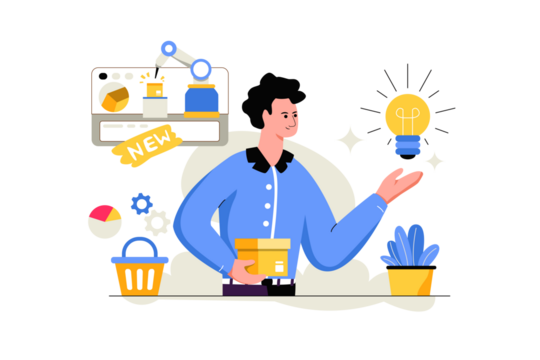 Man Holding Box Under Glowing Light Bulb With Robotic Arm on White Background