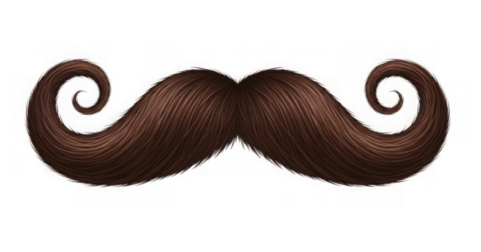 Brown mustache with curled ends isolated on transparent background for design