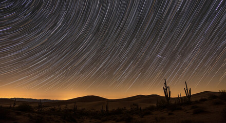 A breathtaking display of star trails illuminates the desert night, painting streaks of light across the sky above the arid landscape and cacti silhouettes