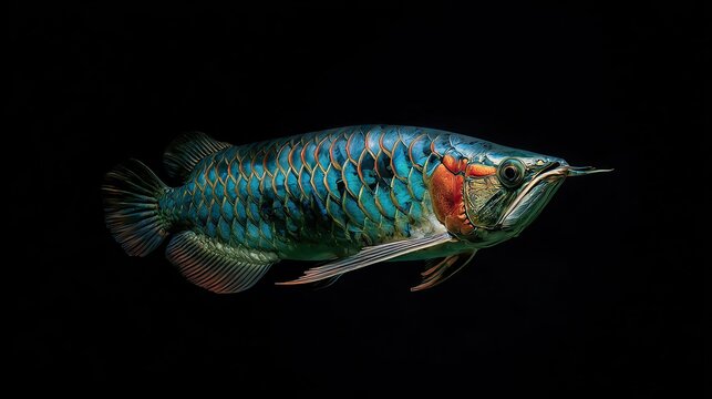 A striking close-up of a vibrant, ornate fish, showcasing its intricate scales and elegant form against a dramatic black backdrop.