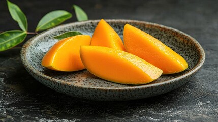 A plate of sliced mangoes on a dark plate with a dark background.