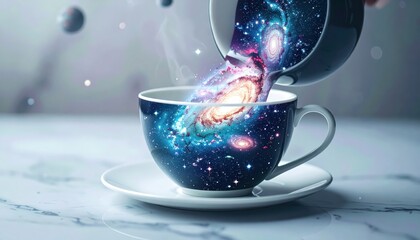 Celestial imagery illustrates a unique concept, where a cup of coffee is filled with a galaxy. Glowing stars, nebulas, and swirling cosmic dust flow into the mug.