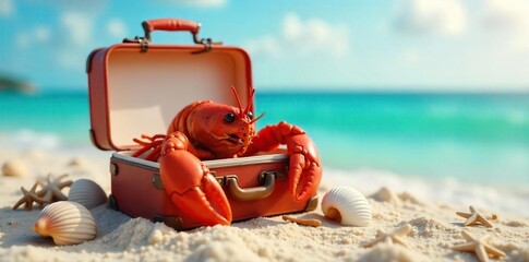 Relaxed Lobster on Summer Vacation Tiny Suitcase, Seashells, Starfish, Ocean Adventure