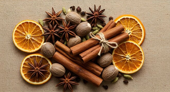 Various spices including cinnamon sticks star anise and nutmeg top view