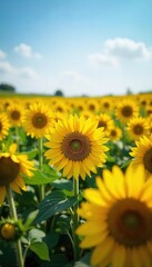 Sunflowers in Summer A Vibrant Field of Blooming Flowers Basking in Golden Sunlight, Perfect for Agriculture, Nature, and Healthy Living Themes