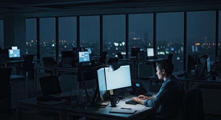 A person working late in an office with a city skyline visible through the windows.