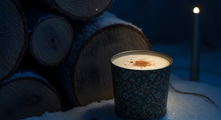 Warm beverage in a textured cup near logs and a lit candle at night