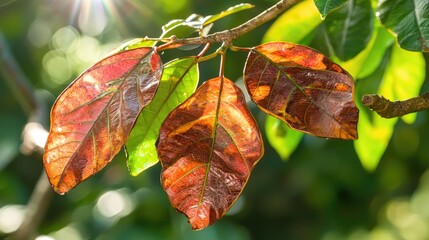 Three leaves on a branch with a blurred green background.
