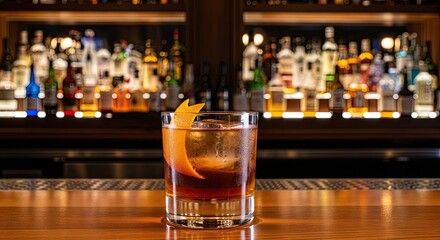 A cocktail with an orange slice and ice on a wooden bar counter.