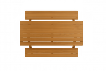 Wooden picnic table with attached benches, top view. Outdoor slatted wood furniture, isolated, transparent background cut out