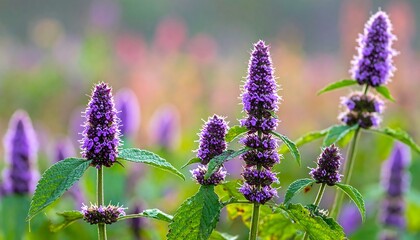 Close-up of vibrant purple flowers.  Soft-focus background of other plants in pastel colors