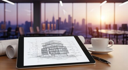 A tablet with architectural drawings on a wooden desk in a modern office with a city skyline in the background.