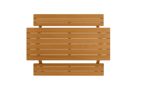 Wooden picnic table with attached benches, top view. Outdoor slatted wood furniture, isolated, transparent background cut out