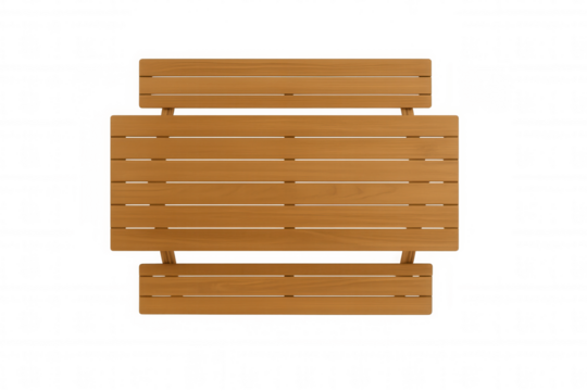 Wooden picnic table with attached benches, top view. Outdoor slatted wood furniture, isolated, transparent background cut out - Powered by Adobe
