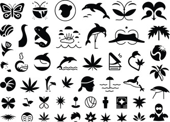 Obraz premium Collection of black icons featuring nature, people, and abstract symbols animals