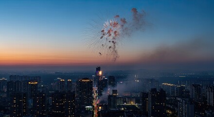 A city skyline at sunset with fireworks in the background.