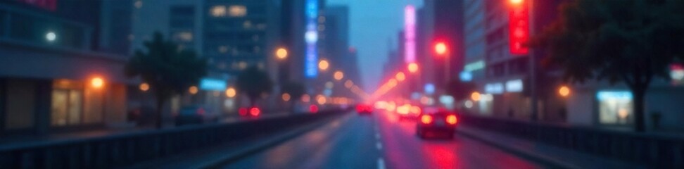 Dreamy Cityscape Blurred Lights and Buildings Create a Mysterious Urban Atmosphere, Perfect for Website Backgrounds and Projects