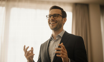 Enthusiastic Businessman in Glasses Speaking with Animated Gestures