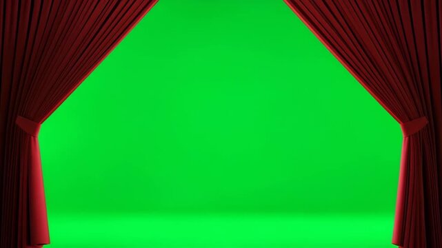 A dramatic red curtain opening to reveal a green screen background, ideal for theatrical presentations and digital compositing purposes