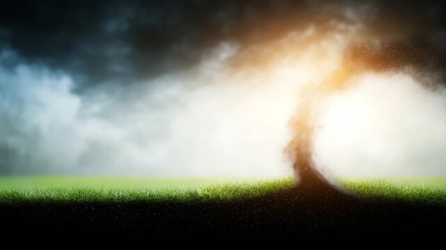 Atmospheric Fury: A dramatic display of nature's raw power, with a swirling tornado dominating a tranquil landscape, representing the volatile forces of weather in a captivating scene.