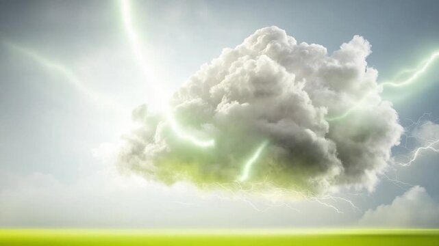 Cloud with a Silver Lining: A dramatic sky unfolds, a luminous cloud dominating the frame, crackling with vibrant lightning strikes, heralding an impending storm.