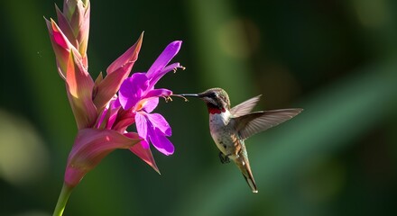 Naklejka premium Hummingbird sipping nectar from exotic vibrant flower in tropical garden under natural sunlight