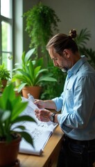 Architect Reviewing Blueprints Amidst Lush Greenery in Biophilic Design Studio