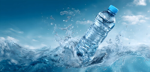 Dynamic splash of clear water engulfing a pristine plastic bottle against a vibrant blue sky with wispy clouds, evoking refreshment and purity.