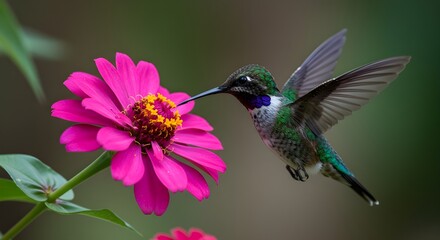 Fototapeta premium Hummingbird sipping nectar from exotic vibrant flower in tropical garden under natural sunlight