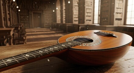 A wooden mandolin guitar resting on a wooden table in a dimly lit, old-fashioned library with wooden bookshelves and arches in the background.