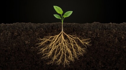 A small plant growing in the ground, strong roots visible